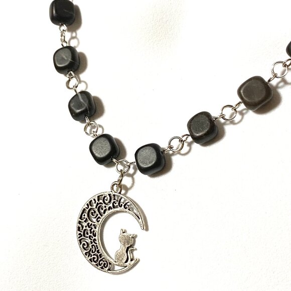 Genuine Black Agate Cube Necklace, Cute Cat on the Moon Pendant + Gemstone - Picture 1 of 9